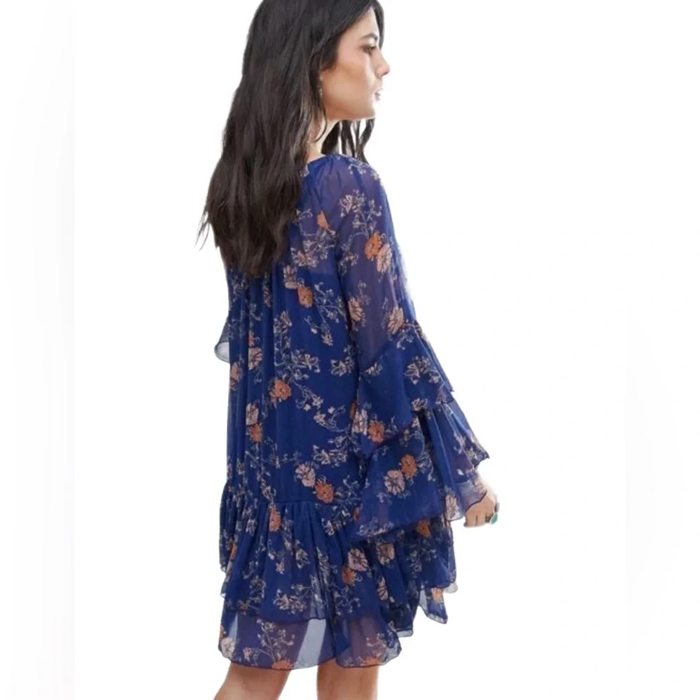 Free People “Sunsetter” Blue floral ruffle sheer mini dress, size Medium 🦋 - Picture 2 of 11